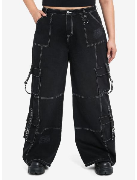 Girls Black & White Contrast Stitch Destructed Carpenter Pants Plus Size Bottoms