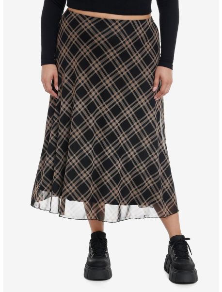 Bottoms Girls Social Collision Black & Brown Plaid Midi Skirt Plus Size