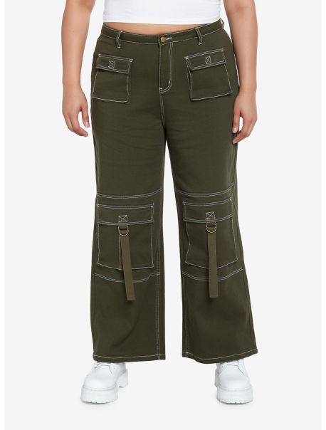 Girls Green & White Contrast Stitch Strap Carpenter Pants Plus Size Bottoms