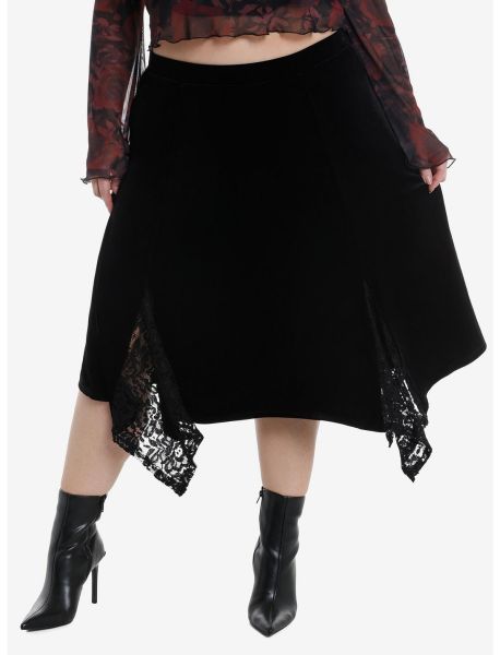 Girls Black Velvet Lace Godet Midi Skirt Plus Size Bottoms
