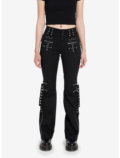 Bottoms Girls Social Collision Black Grommet Strap Zipper Flare Pants