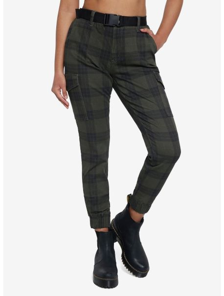 Bottoms Girls Olive Green Plaid Twill Jogger Pants