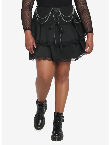 Bottoms Black Lace-Up Chain Tiered Skirt Plus Size Girls