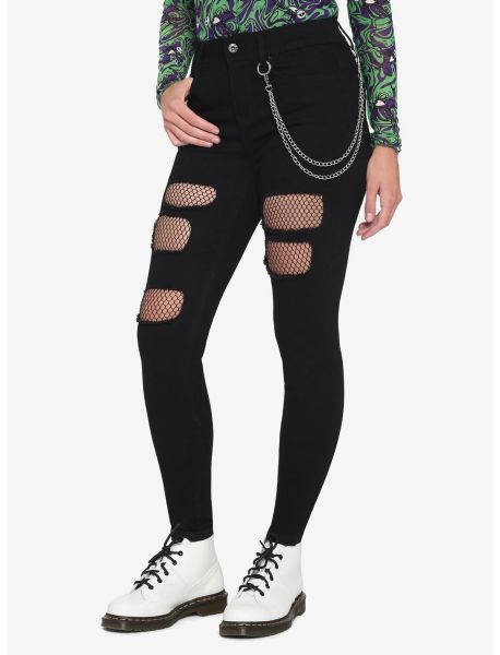 Black Fishnet Destructed Chain Jeans Bottoms Girls