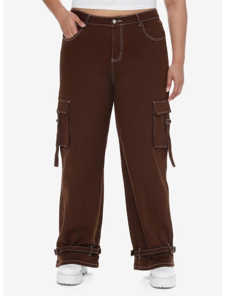 Girls Brown Contrast Stitch Strap Carpenter Pants Plus Size Bottoms