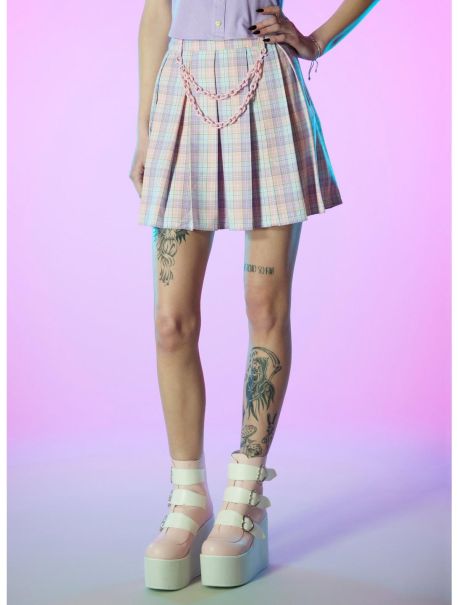 Bottoms Pastel Plaid Pleated Skirt With Chain Girls