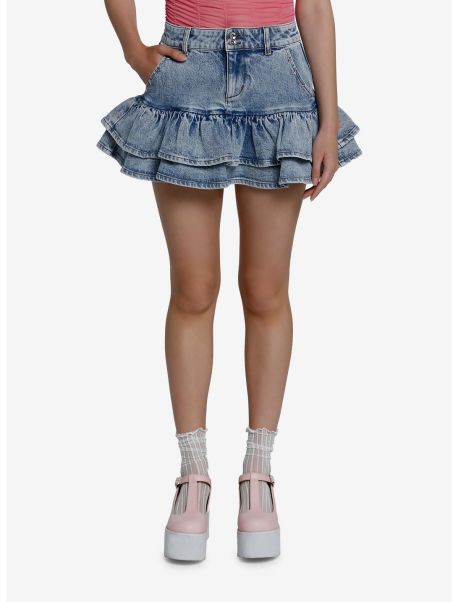 Girls Bottoms Social Collision Light Indigo Ruffle Denim Skirt With Studs