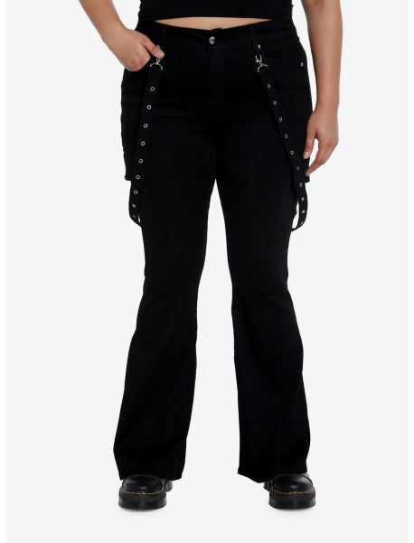 Bottoms Girls Social Collision Black Grommet Suspender Flare Pants Plus Size