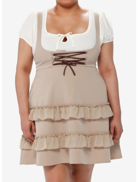 Coffee Lace-Up Tiered High-Waisted Suspender Skirt Plus Size Bottoms Girls