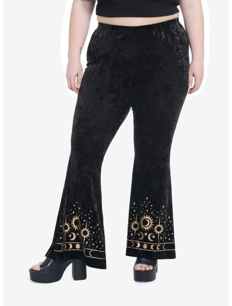 Girls Black Velvet Sun & Moon Flare Leggings Plus Size Bottoms