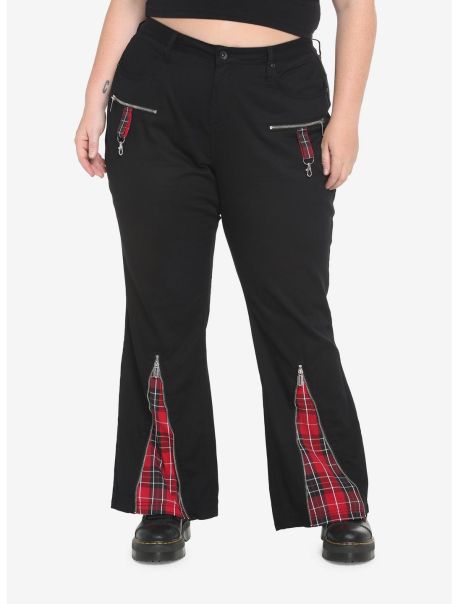 Bottoms Girls Black & Red Plaid Razor Zipper Flare Jeans Plus Size