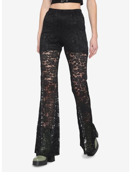 Black Sheer Lace Flare Leggings Girls Bottoms