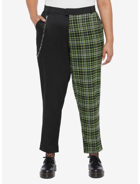 Girls Black & Green Plaid Split Chain Pants Plus Size Bottoms