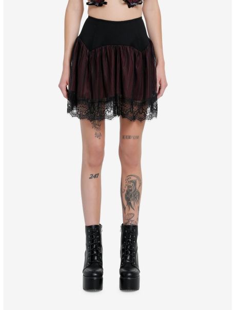 Girls Thorn & Fable Burgundy & Black Lace Mesh Skirt Bottoms