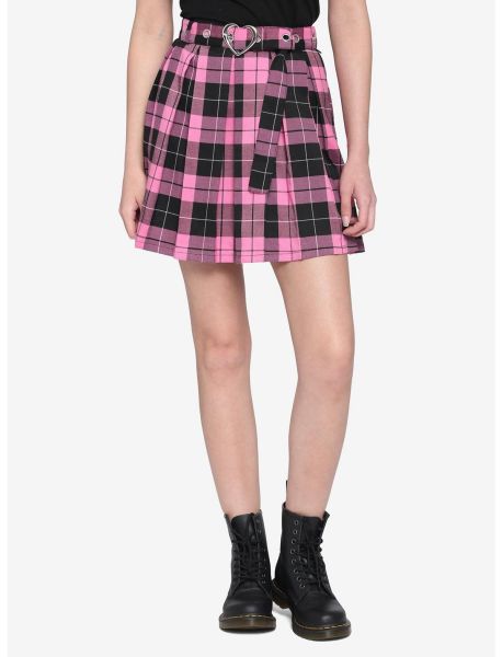 Bottoms Pink & Black Plaid Skirt With Grommet Belt Girls