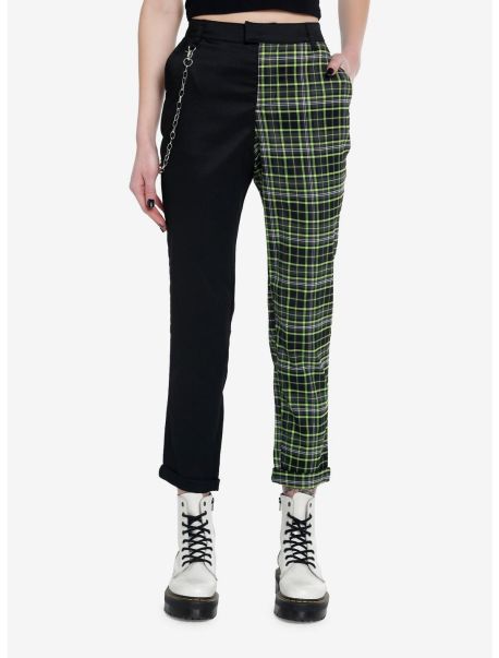 Girls Black & Green Plaid Split Chain Pants Bottoms