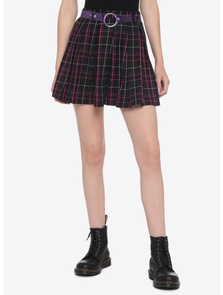 Black Purple Pink Plaid Pleated Skirt With O-Ring Belt Girls Bottoms