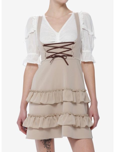 Bottoms Coffee Lace-Up Tiered High-Waisted Suspender Skirt Girls