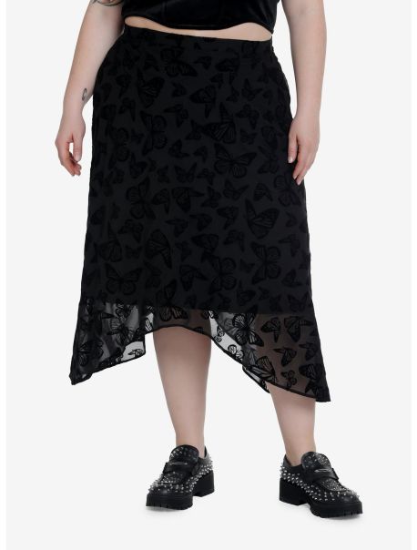 Girls Black Butterfly Chiffon Hanky Hem Midi Skirt Plus Size Bottoms