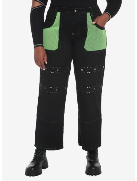Green Mesh Grommet Carpenter Pants Plus Size Bottoms Girls