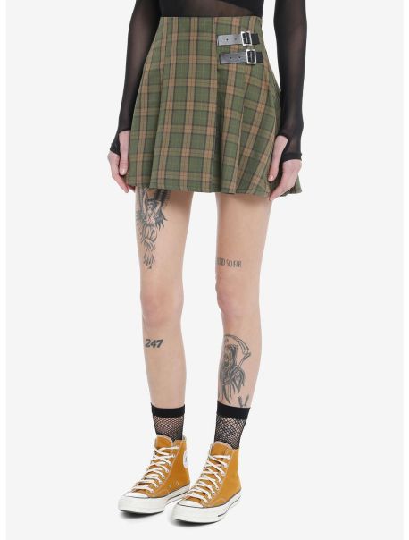 Girls Social Collision Green & Brown Plaid Buckle Mini Skirt Bottoms