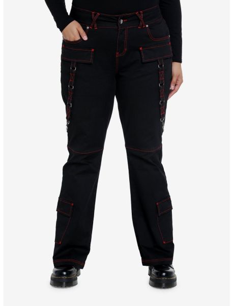 Girls Bottoms Social Collision Black & Red Contrast Stitch Strap Flare Pants Plus Size