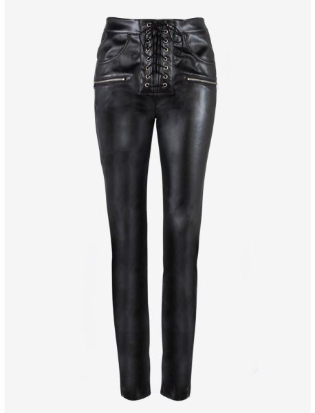 Girls Bottoms Black Faux Leather Skinny Fit Girls Lace Up Pants