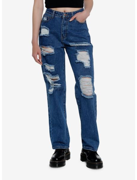 Bottoms Girls Destructed Straight Let Denim Pants