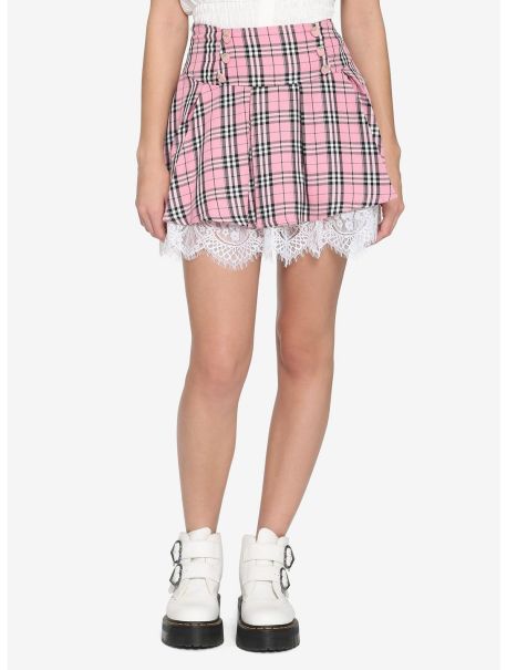 Pink Plaid Strawberry Lace Trim Skirt Bottoms Girls