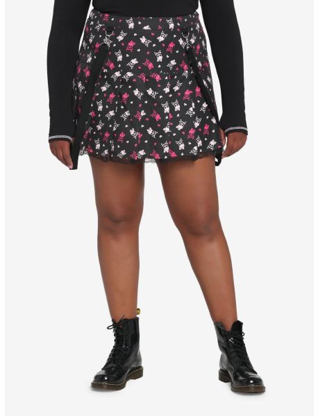 Girls Black & Pink Skulls Pleated Suspender Skirt Plus Size Bottoms