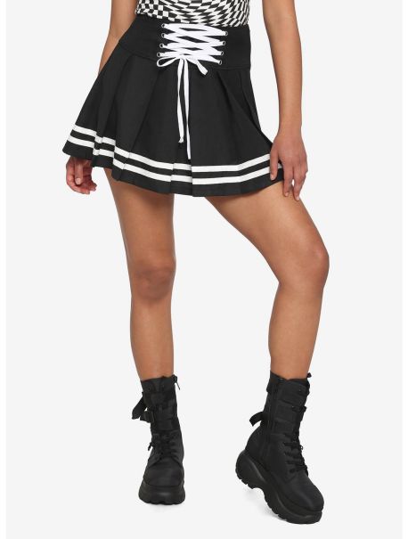 Girls Black & White Lace-Up Pleated Skirt Bottoms