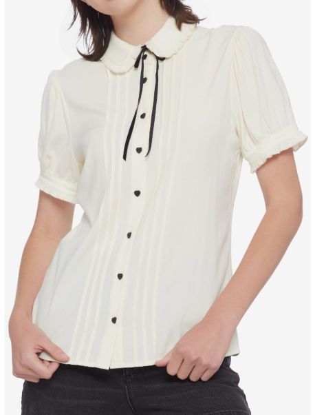 Button Up Tops Girls Antique White Ruffle Bow Girls Woven Button-Up