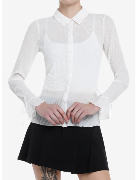 Thorn & Fable White Chiffon Girls Long-Sleeve Woven Button-Up Button Up Tops Girls