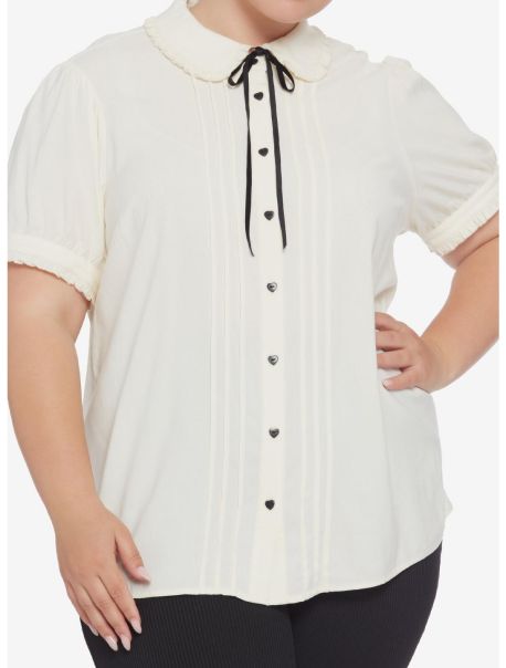 Girls Antique White Ruffle Bow Girls Woven Button-Up Plus Size Button Up Tops