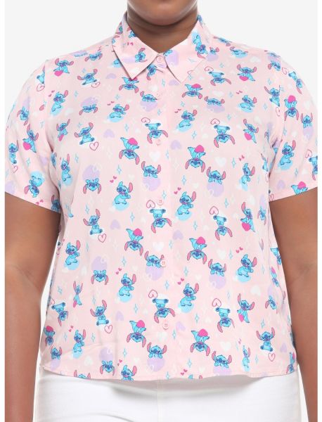 Girls Button Up Tops Disney Lilo & Stitch Hearts Pink Girls Woven Button-Up Plus Size