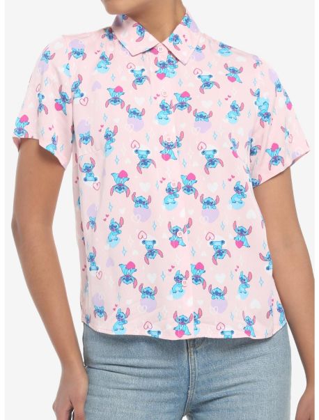 Button Up Tops Girls Disney Lilo & Stitch Hearts Pink Girls Woven Button-Up