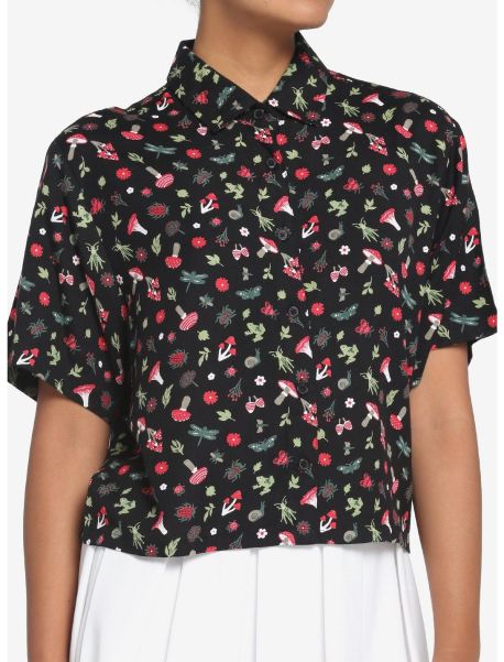 Girls Black Mushroom Frog Boxy Girls Woven Button-Up Button Up Tops