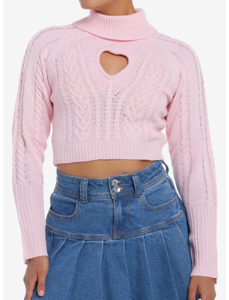 Girls Sweet Society Pastel Pink Cable Knit Heart Girls Turtleneck Sweater Cardigans