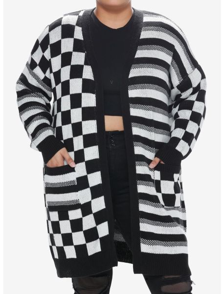 Social Collision Black & White Checkered Stripe Girls Cardigan Plus Size Cardigans Girls