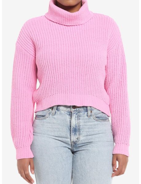 Cardigans Girls Pink Chenille Girls Crop Turtleneck