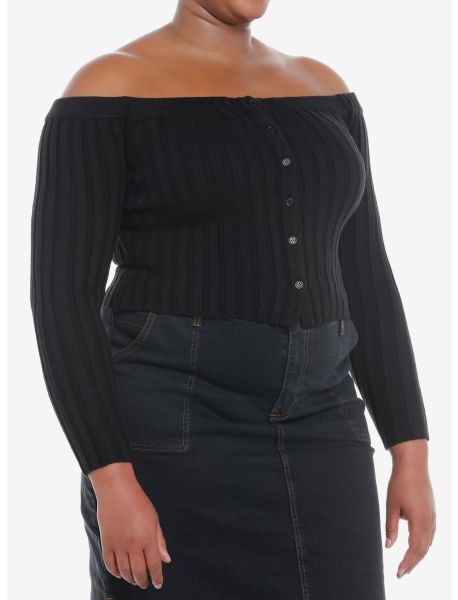 Social Collision Black Off-The-Shoulder Girls Knit Sweater Plus Size Girls Cardigans
