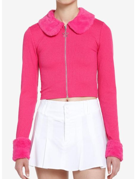Girls Cardigans Sweet Society Hot Pink Faux Fur Zipper Girls Long-Sleeve Top