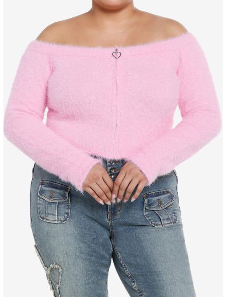 Cardigans Girls Pink Fuzzy Zipper Off-The-Shoulder Girls Crop Sweater Plus Size