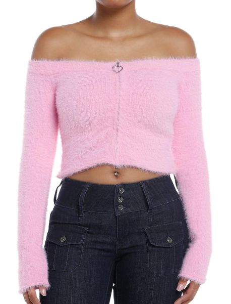 Pink Fuzzy Zipper Off-The-Shoulder Girls Crop Sweater Girls Cardigans