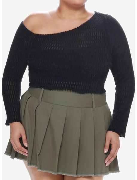 Cardigans Girls Social Collision Black Fuzzy Off-The-Shoulder Girls Sweater Plus Size