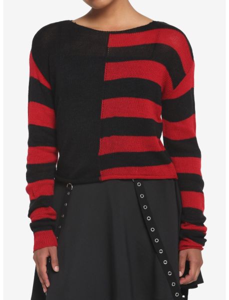 Black & Red Stripe Split Girls Crop Sweater Girls Cardigans