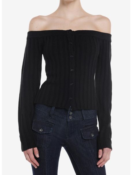 Cardigans Girls Social Collision Black Off-The-Shoulder Girls Knit Sweater