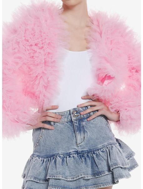 Girls Azalea Wang Pink Tulle Long-Sleeve Shrug Crop Tops