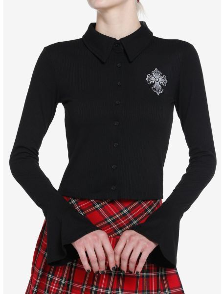 Crop Tops Cosmic Aura Gothic Cross Bell Sleeve Girls Button-Up Top Girls