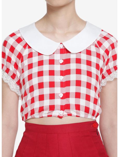 Girls Sweet Society Red Gingham Girls Crop Woven Button-Up Crop Tops